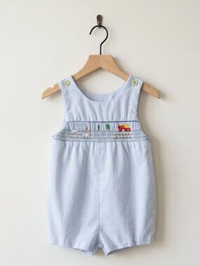 Vintage Handmade Smocked Baby Jon Jon Romper Blue Seersucker Farm Scene 12 Month